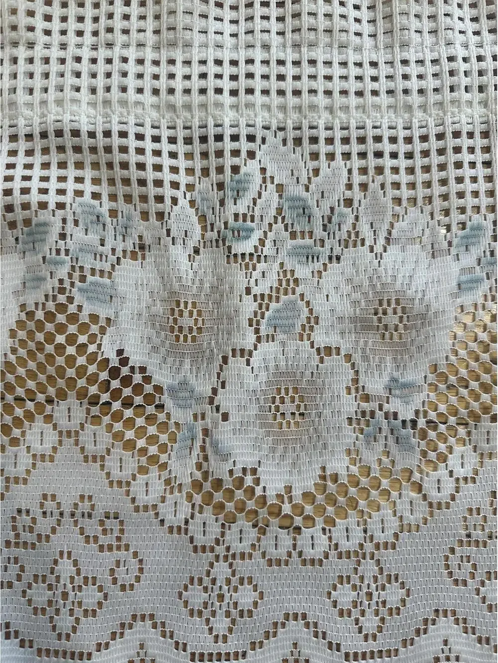 VTG Floral Lace Curtain Valances Pair White Blue Rod Pocket Cottage 14” x 57”